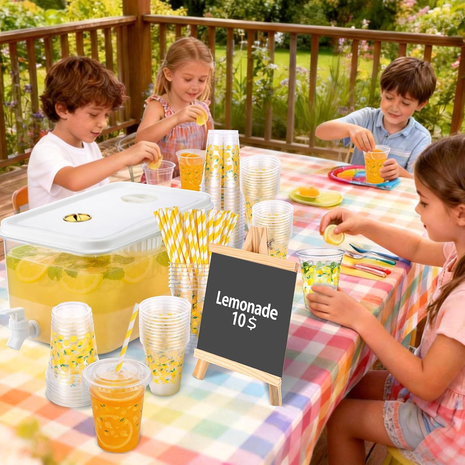 155 Pcs Lemonade Stand Supplies include 2 Pack 3.4 Gallon Drink Dispenser with Spigot,50 Sets 12oz Lemonade Disposable Cup with Lids Straws and Lemonade Banners, Blackboard