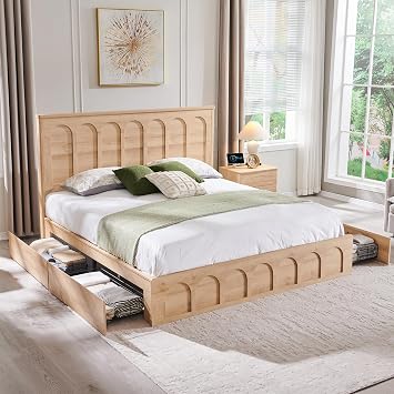 ACCOHOHO Modern King Size Bed Frame with 4 Drawers, 51" Tall Arched Recessed Headboard, Solid Wood Slats Support, Noise Free, No Box Spring Needed, Wood Platform, Natural Oak
