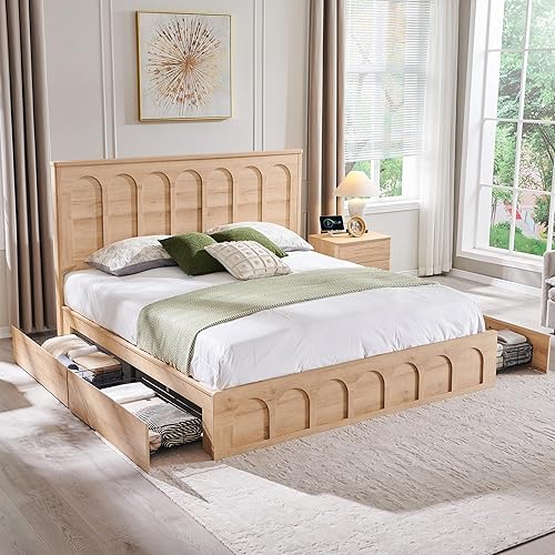 Modern King Size Bed Frame with 4 Drawers, 52" Tall Arched Recessed Headboard, Solid Wood Slats Support, Noise Free, No Box Spring Needed, Wood Platform, Natural Oak