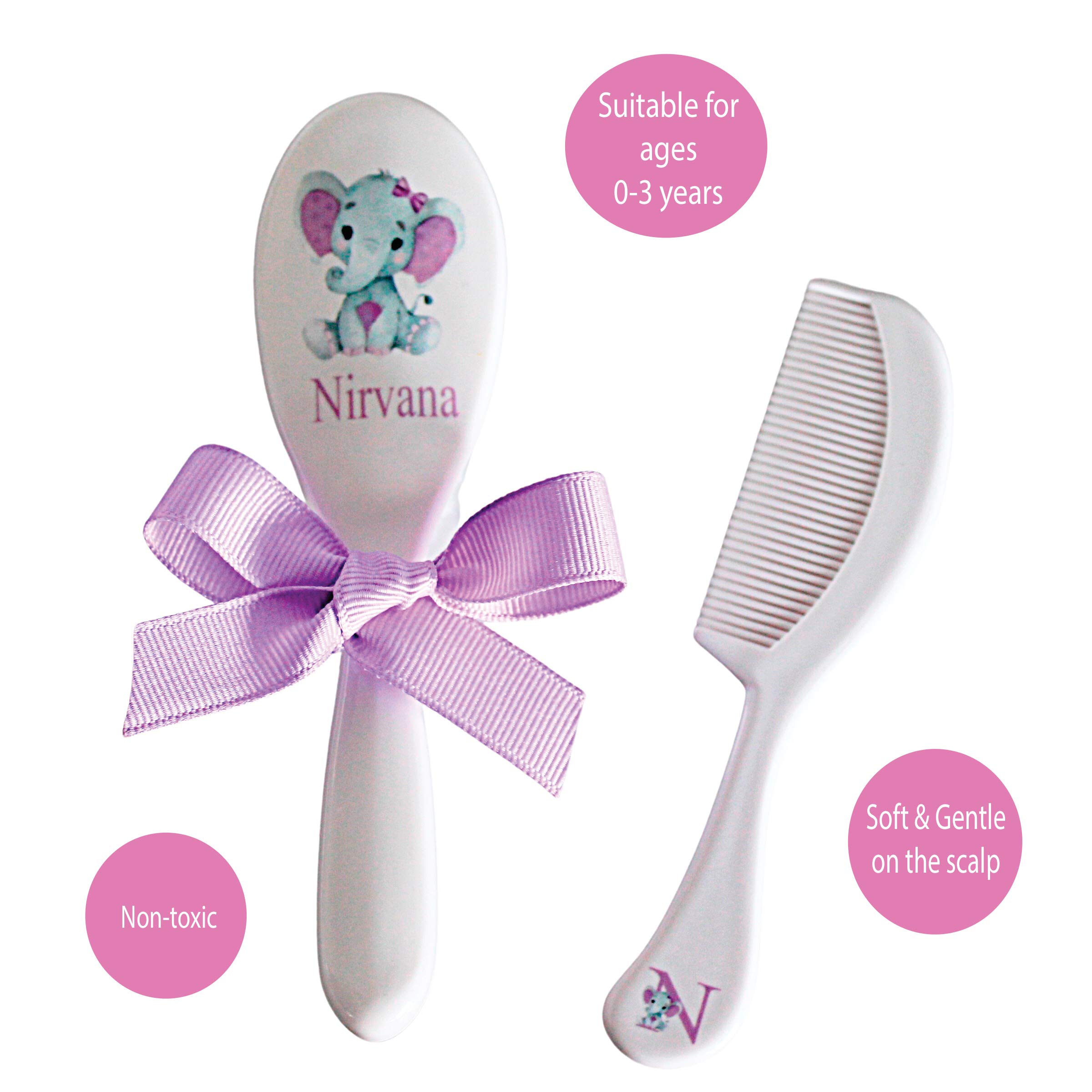 Personalized Baby Gift - Baby Brush and Comb Set, Suitable for Ages 0-3 Years, New Baby Gift - Pink, Blue or Purple Elephant, Elephant Baby Gift (Purple)