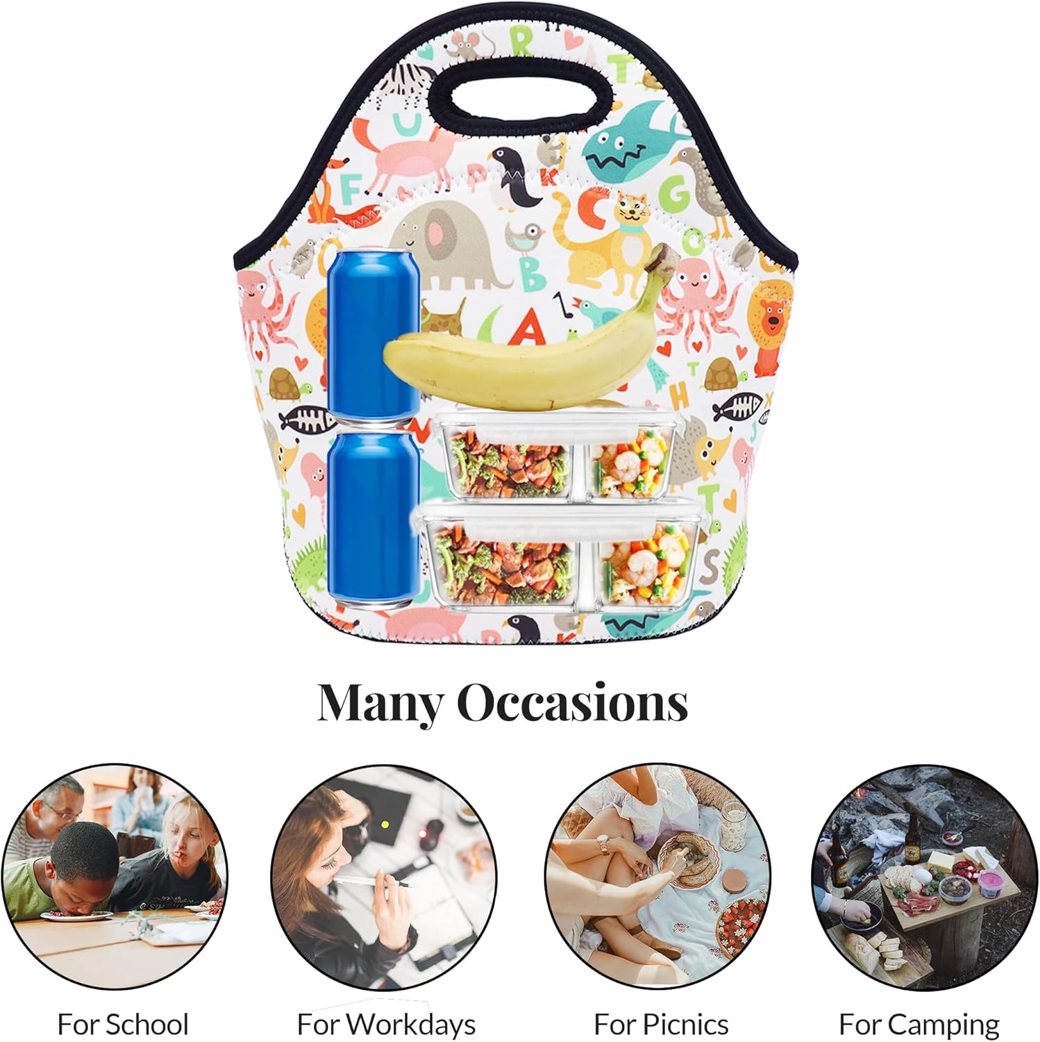 Neoprene Lunch Bag for Kids, Insulated Lunch Box Tote for Women Men Adult Teens Boys Teenage Girls Toddlers (Alphabet Animals) - Image 5
