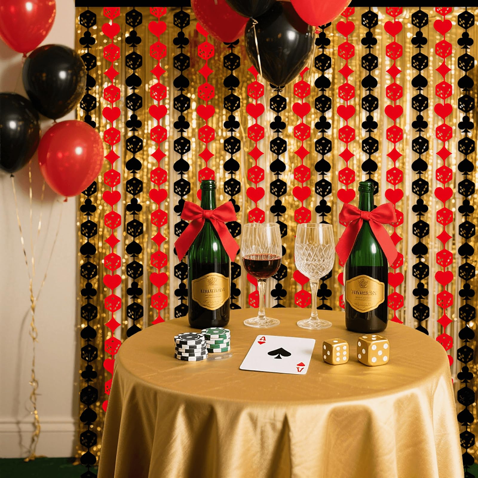 Dekoracje na imprezę tematyczną w kasynie, tło na noc pokerową, czarne i czerwone zasłony z frędzlami, złote metaliczne serpentyny, Vegas Birthday Photo Booth, gra karciana na wieczór panieński, 4 szt