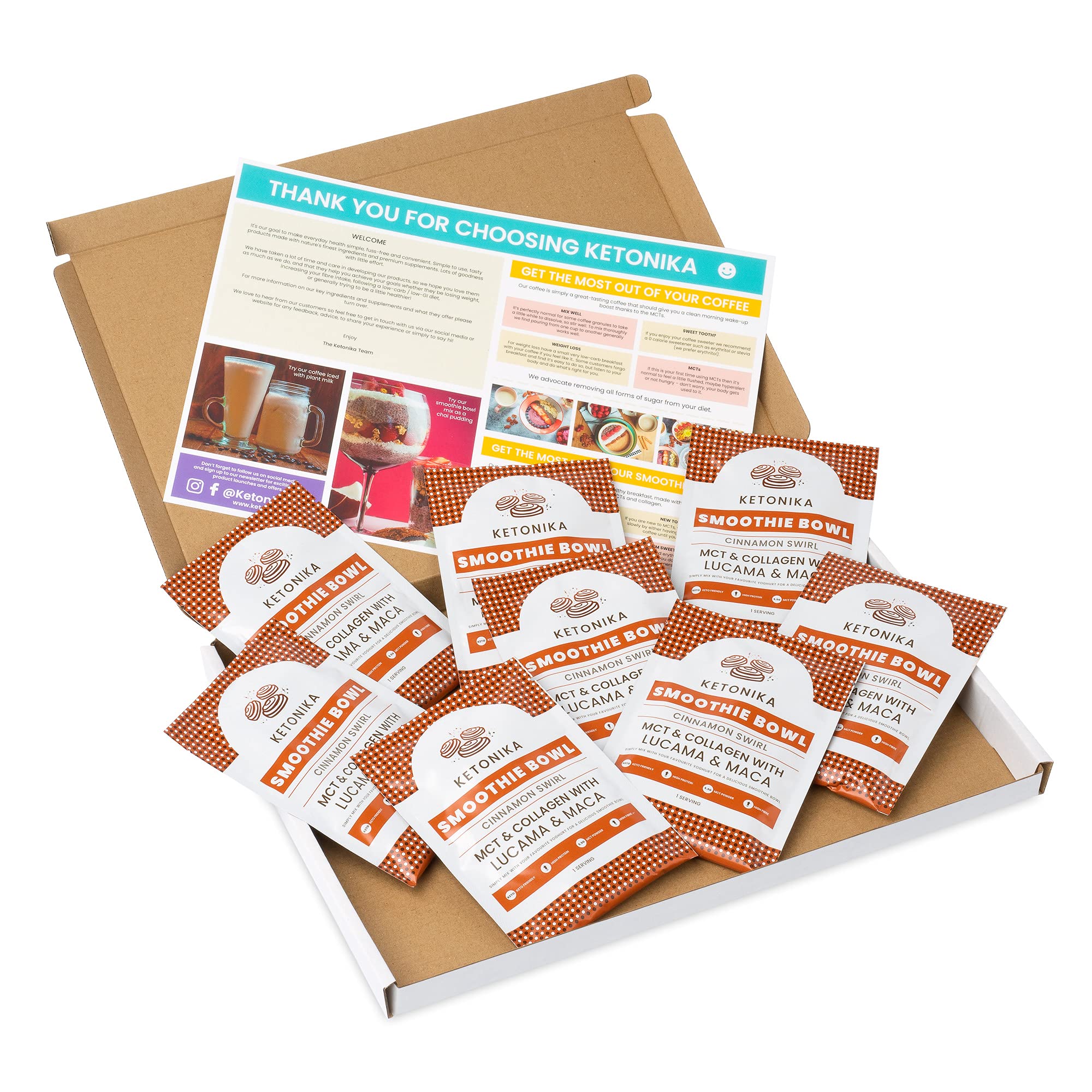 Ketonika Cinnamon Swirl Smoothie Bowl 8 x 35 g with MCT & Collagen & Lucama & Maca, Gluten Free, Keto Healthy Snacks, Smoothie Powder, Dairy Free, Weight Loss, Pack of 8, Only 5,8 g NET Carbs