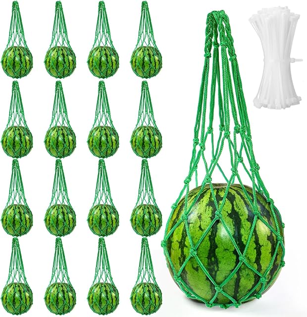 Covzoe 16 pièces Filet de pastèque, cailloux Melon avec 100 Cable Zip Ties, filet de hamac Trellis, sac de suspension pour pastèque, citrouille et cantaloup