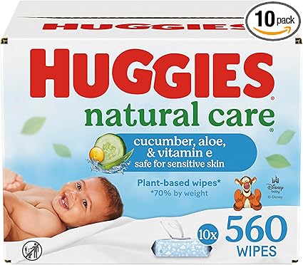 Huggies Natural Care Cucumber, Aloe and Vitamin E Baby Wipes, Hypoallergenic, Scented, 10 Flip-Top Packs (560 Wipes Total), Packaging May Vary