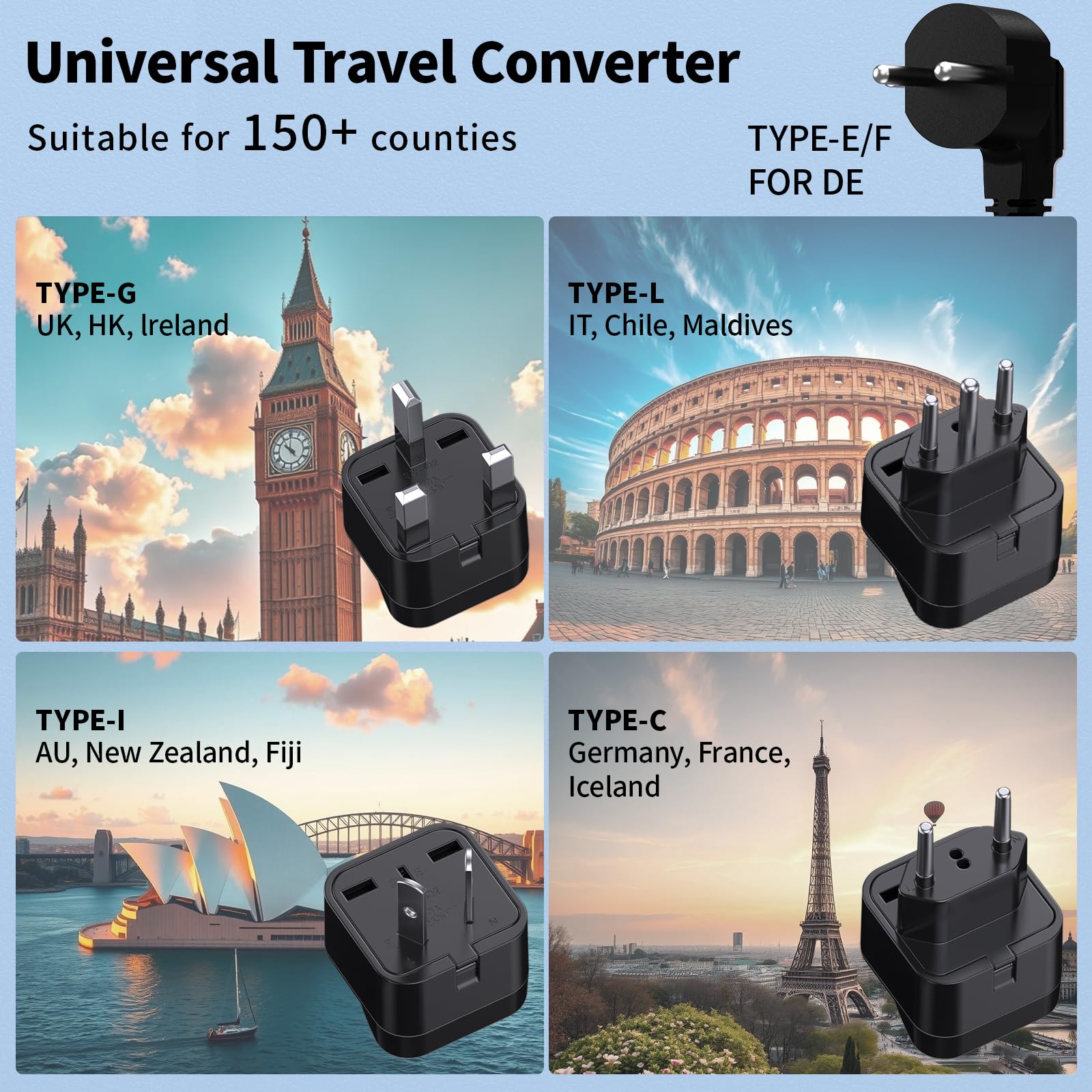 Convertidor de voltaje de 220 a 110 Estados Unidos a Europa para secador de pelo y hervidor – Adaptador convertidor de corriente 7 en 1 combinado con 3 salidas de CA + 4 puertos USB y enchufes EU/UK