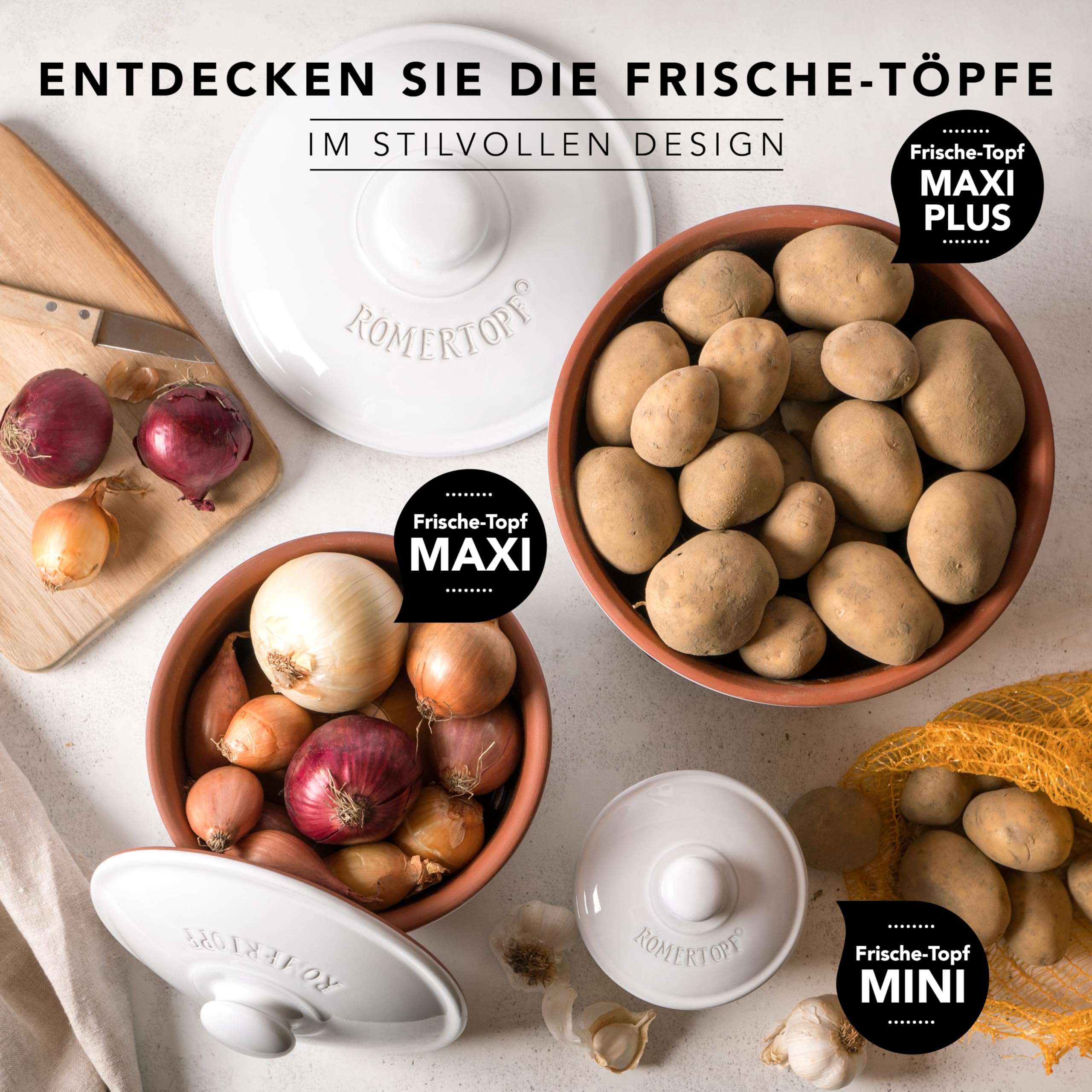 Romertopf Fresche-Topf 3er Set - Ajo, cebolla y patatas Caja de almacenamiento de cerámica - La arcilla transpirable mantiene las verduras frescas durante más tiempo - Blanco