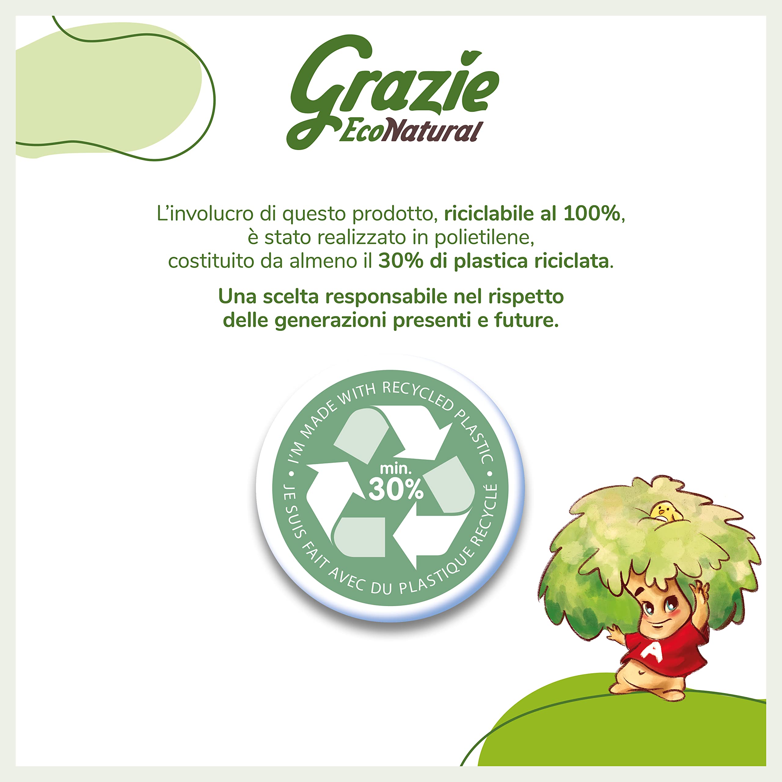 Grazie Natural, Asciugatutto Monorotolo, 12 Rotoli, Bobina di Carta Assorbente Realizzata con Carta 100% Riciclata Fiberpack, Certificata Ecolabel e FSC Recycled, Made in Italy