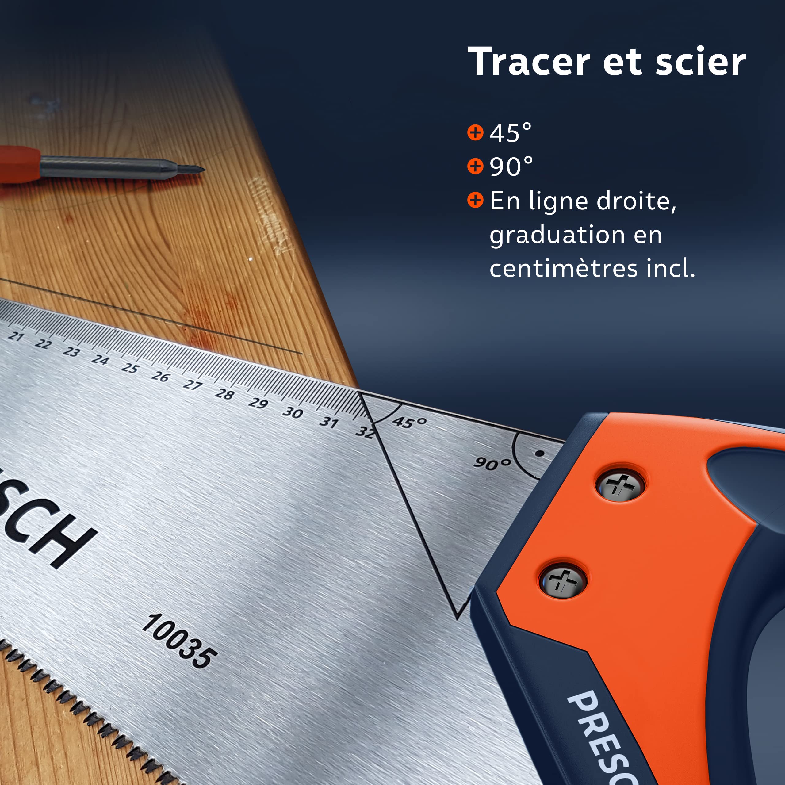 Presch Scie égoïne à main 450 mm - Scie à bois avec traçages à 45° et 90° - Scie à main professionnelle pour couper bois, pvc et sols stratifiés - Hand Saw