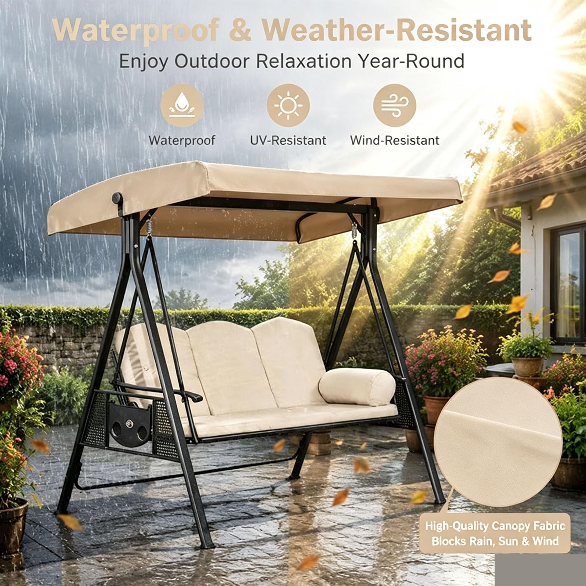 Telone di Ricambio per Altalena da Giardino, Impermeabile Anti-UV | 600D, per Giardino Esterno, Protezione Raggi UV, Antistrappo, Installazione Semplice(Khaki,198 x 125 x 21 x 16 cm)