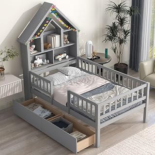 Tatub Twin House Bed with Railings and Storage, Montessori Bed with Drawers and Shelves, Wood House Bed Frame for Kids, Grey
