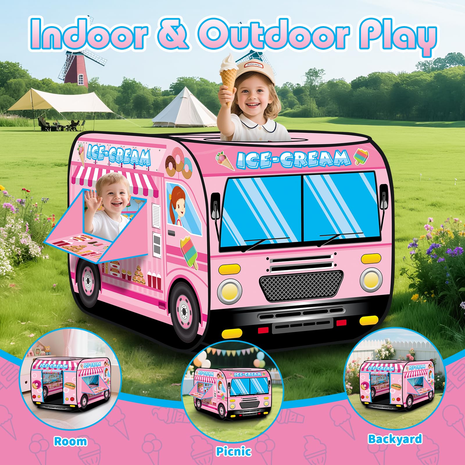 deAO Casita de Juegos Carpa Infantil Tienda con Diseño Pop Up Auto Armable Montaje Rápido Actividades Recreativas al Interior Exterior Área de Recreo (Heladería, Camión de los Helados)