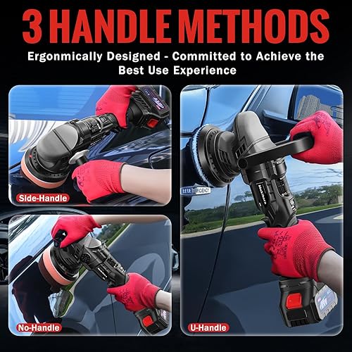 Miniatura 7 de Pulidora de búfer inalámbrica, pulidora orbital aleatoria de 5 pulgadas, 6 velocidades variables 1000-5200 RPM, baterías de 21 V 3.0 Ah, 28