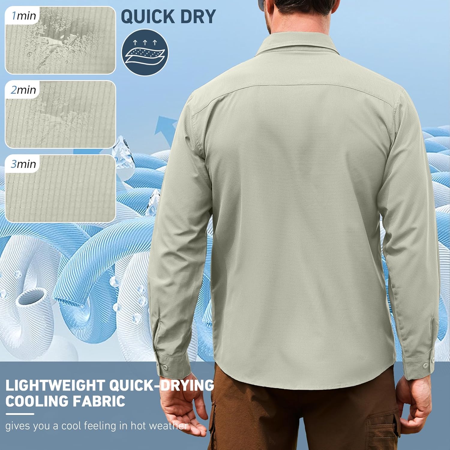 Men's Safari Hiking UPF 50+ UV Long Sleeve Button Work Shirt Lightweight Quick Dry Sun Protection Fishing Shirts