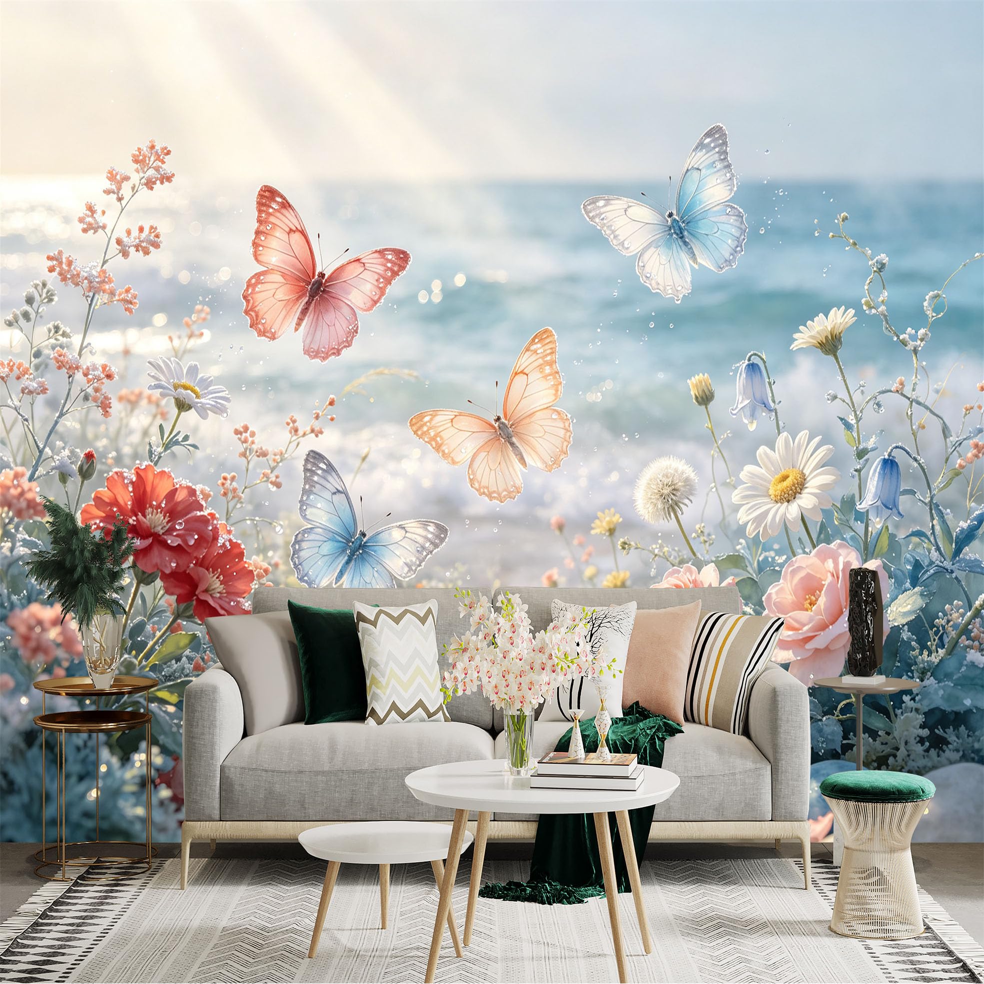 Lnzczhyre Bh260719702 Custom Size Wall Sticker Mural， Flying Butterflies， Blooming Flowers， Serene Coastal Beach， Pebble Shoreline， For Wall Decoration， Peelandstick Wall Decals.