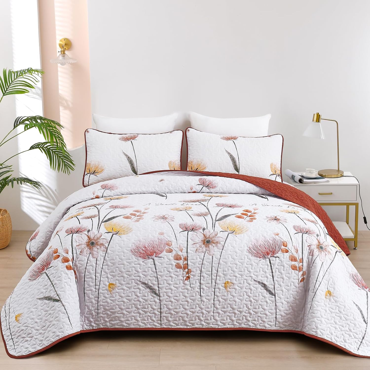 King Size Quilt Set Floral,3 Pieces Burn Orange & Yellow