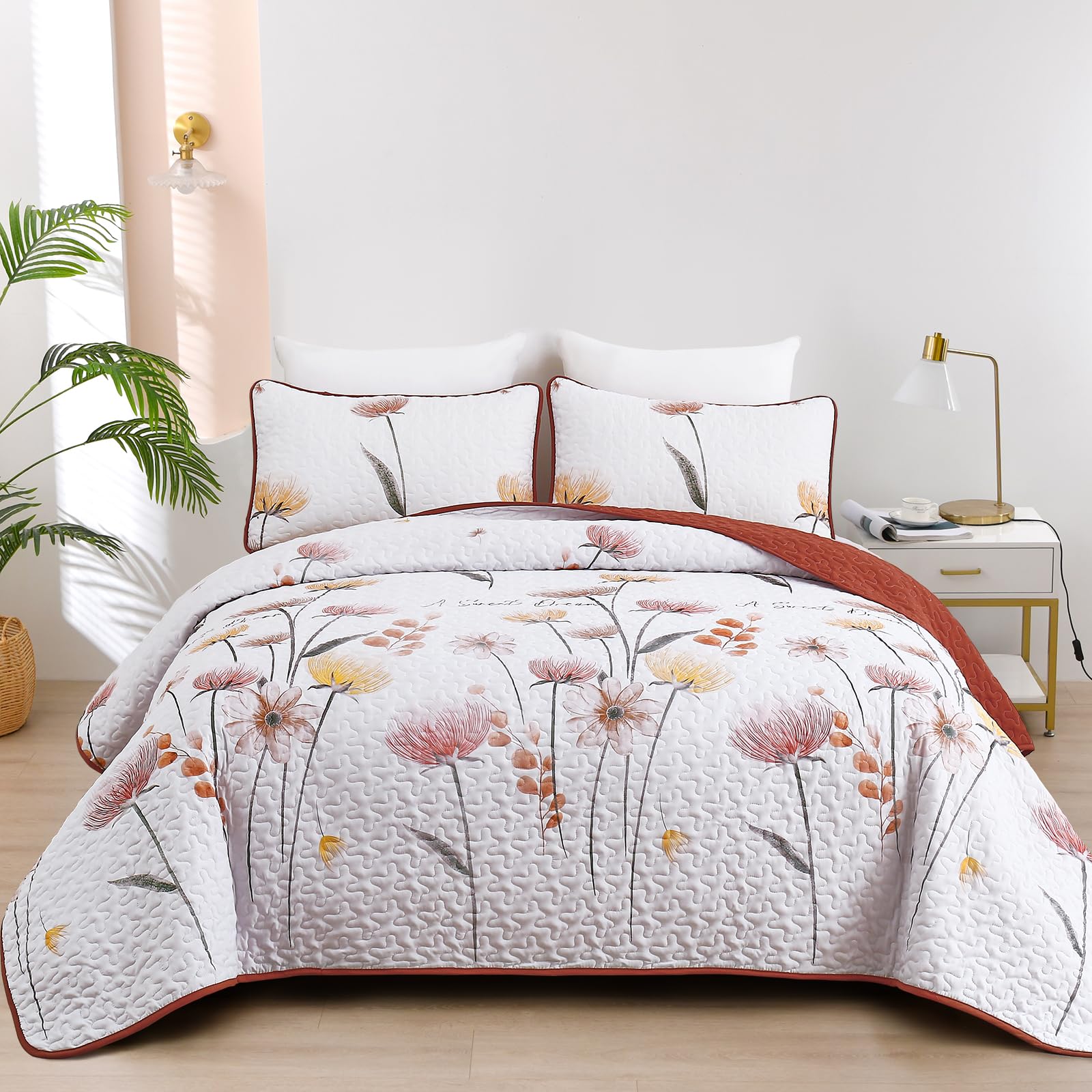 King Quilt Set Floral,3 Pieces Burnt Orange & Yellow Quilts Farmhouse Quilt Bedding Sets Lightweight Bedspreads Coverlet Set Spring White Quilts for