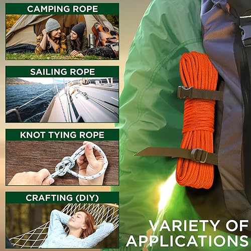 Miniatura 5 de TECEUM Cuerda  Naranja  90 pies x 14 pulgada (0.276 in)  Cuerda fuerte multiusos  Camping, manualidades, asta de bandera, interior y exterior