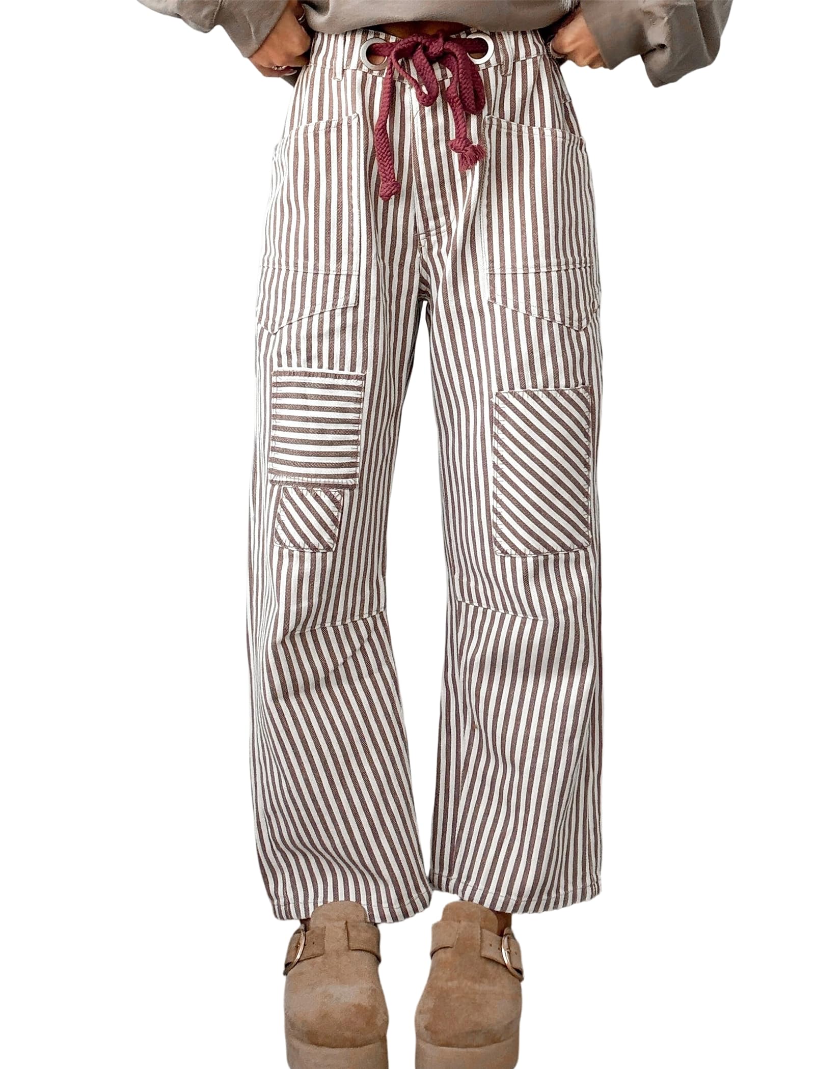 ZAFUL Striped Jeans for Women Drawstring Patchwork Wide Leg Pants Womens Casual High Waist Pants with Pockets