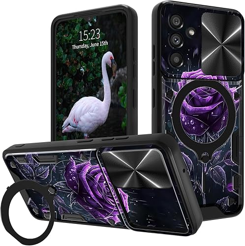 Vista 331 de Funda para Samsung Galaxy A13 5G con cubierta deslizante para lente de cámara y anillo giratorio de 360 grados, soporte híbrido de doble capa Flores