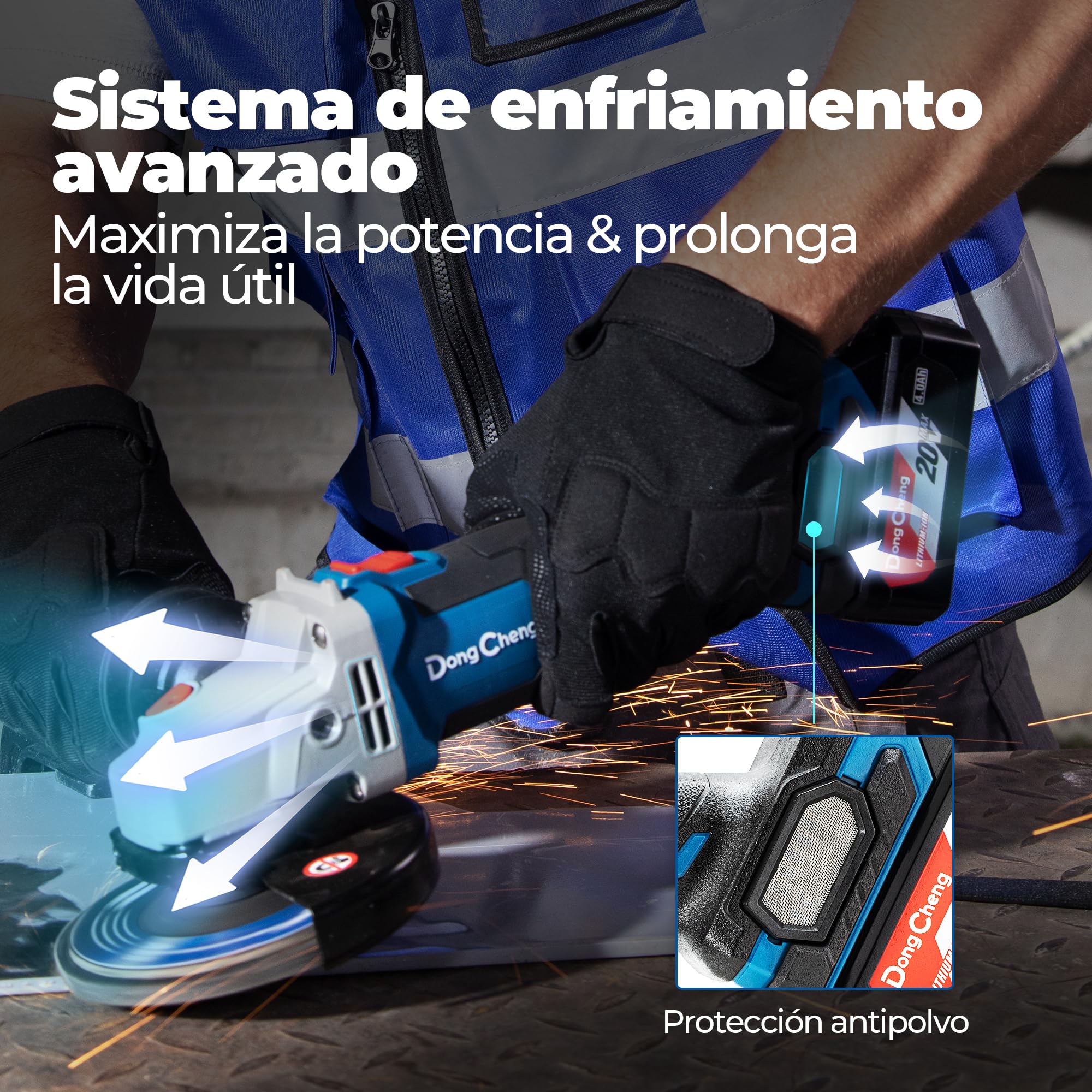 DongCheng Amoladora angular a batería 20 V 125 mm, motor sin escobillas, cubierta de liberación rápida, empuñadura antivibración, 2 discos abrasivos, 2 discos de corte, batería de 4,0 Ah.