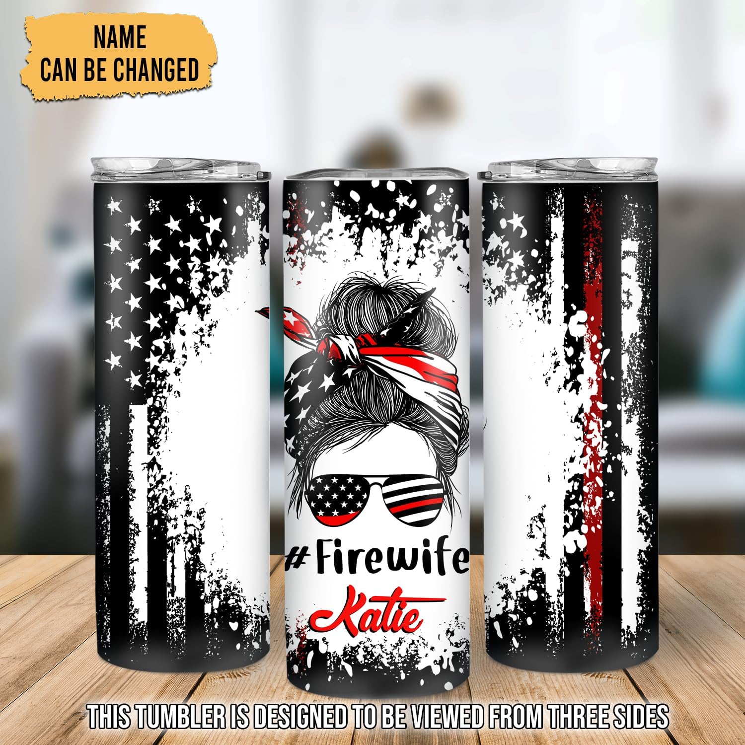 Hyturtle Personalized Firefighter Wife Skinny Tumbler Gifts For Women - Birthday Gifts For Firefighter Wife - Fire Wifey Gift - Thin Red Line USA Flag Custom Name 20oz Stainless Steel Tumbler
