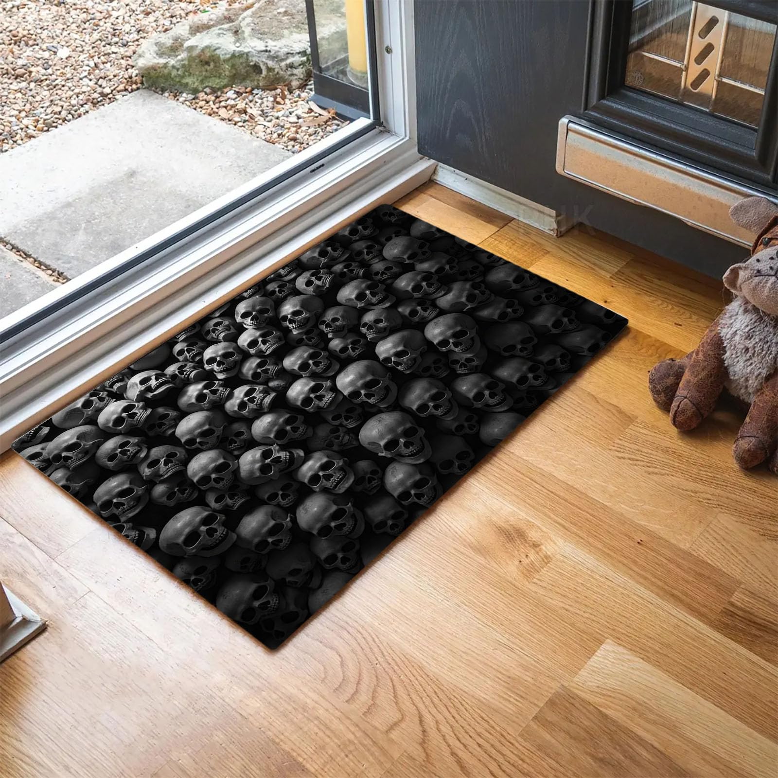 Petit tapis d'entrée fin lavable 50x80 cm crâne 3D anthracite