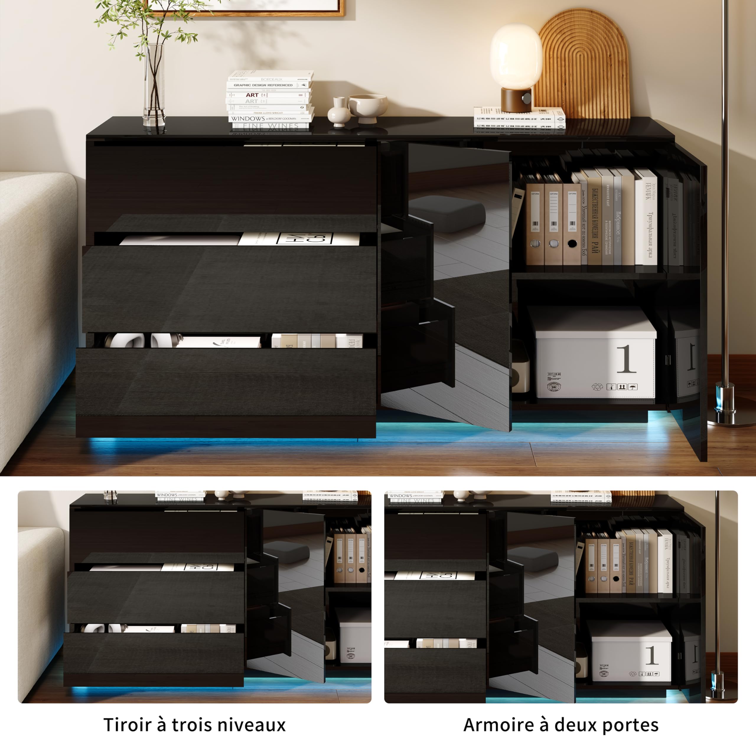 Madia Soggiorno Moderna con Luce LED, Credenza Soggiorno con 2 Ante 3 Cassetti, Credenza Cucina 160cm, Mobile Cucina Dispensa, per cucina corridoio soggiorno ingresso, 160x35x76 cm (Nero-05)