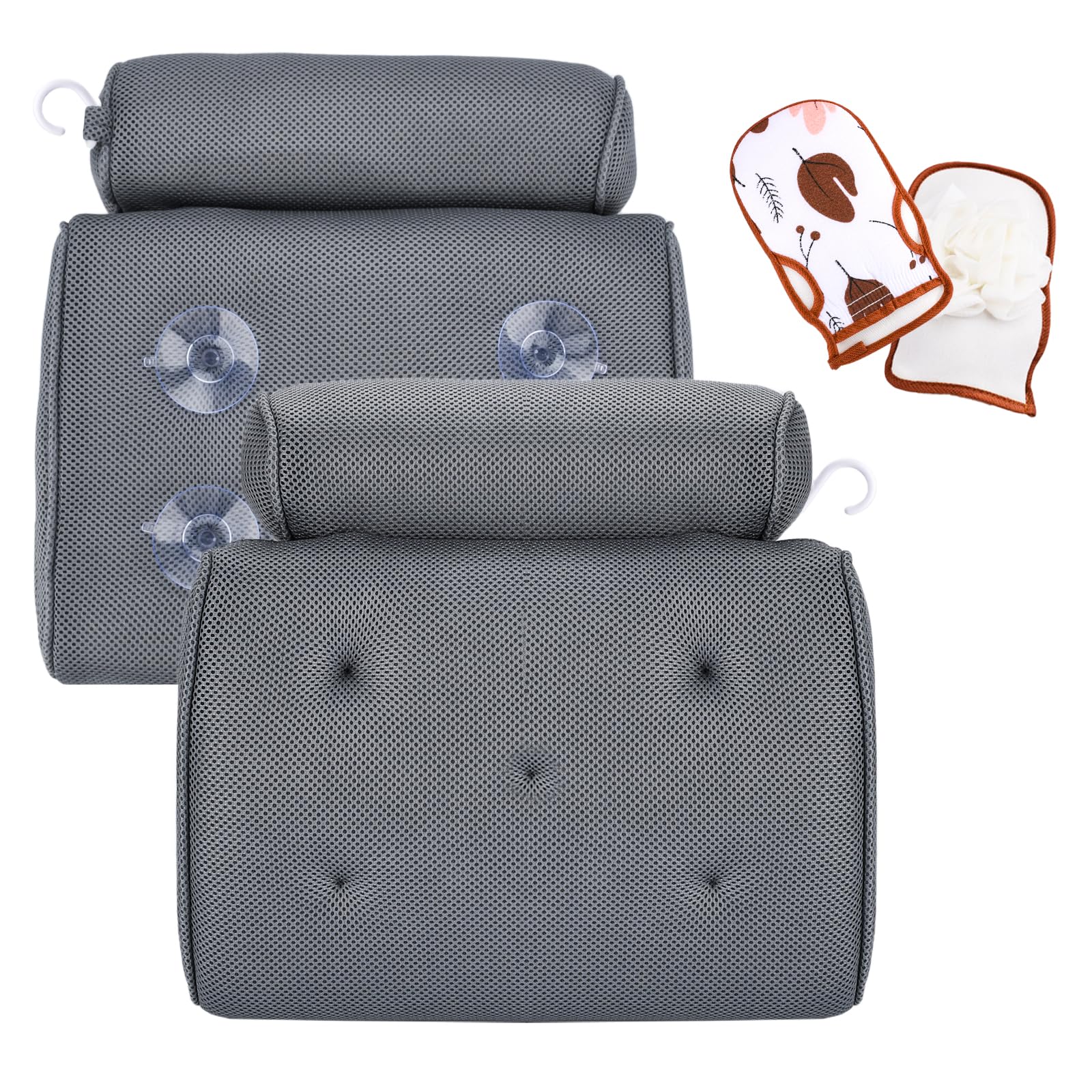 Poduszka do wanny na plecy i kark, ergonomiczna, antypoślizgowa poduszka do wanny z siatką 4D Air Mesh i 5 kubkami, do domu i spa (z rękawicami kąpielowymi)