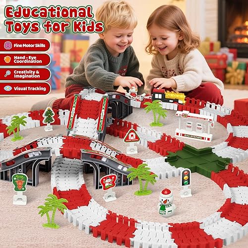 Miniatura 3 de MOONTOY Juego de pistas de tren de Navidad, 233 piezas montadas para bricolaje, pista de tren iluminada, juguetes de automóvil a pilas para niños y