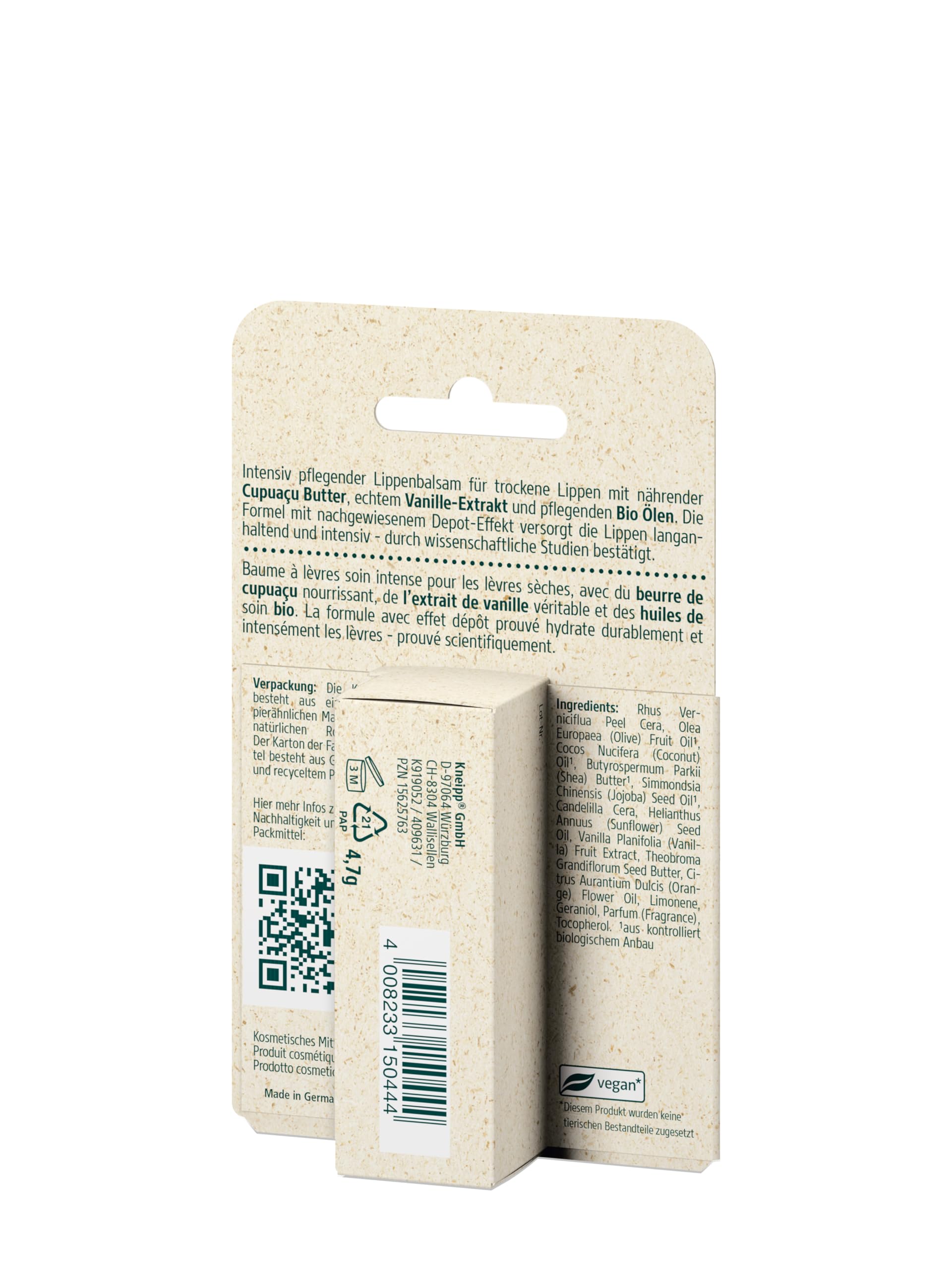 Kneipp Pielęgnacja ust – bogaty balsam do ust z odżywczym masłem Cupuaçu i prawdziwym ekstraktem z wanilii – długotrwały i intensywny balsam do ust – 1 szt