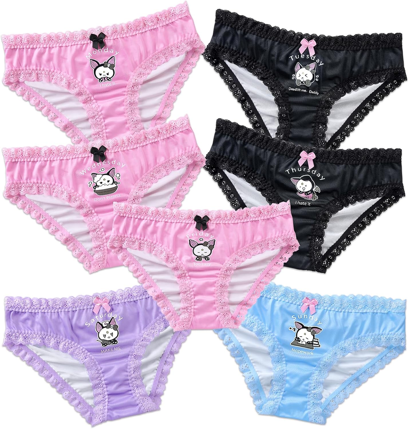 Littleforbig Women's Ladies Soft Silky Underwear Hipster Briefs Babydoll Batty Brat Days of the Week 7 Pack Panties Set