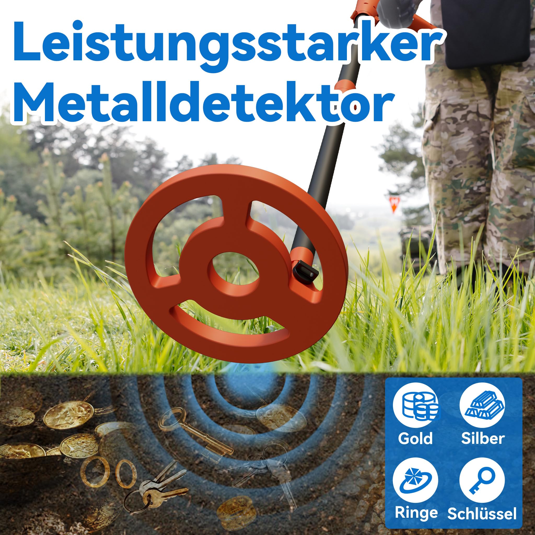 Wykrywacz metalu dla dzieci, lekki, bardzo czuły wykrywacz metalu, z wyświetlaczem LCD, szpulą i długim uchwytem, w zestawie szufla z tworzywa sztucznego, grabie i torbą do przenoszenia