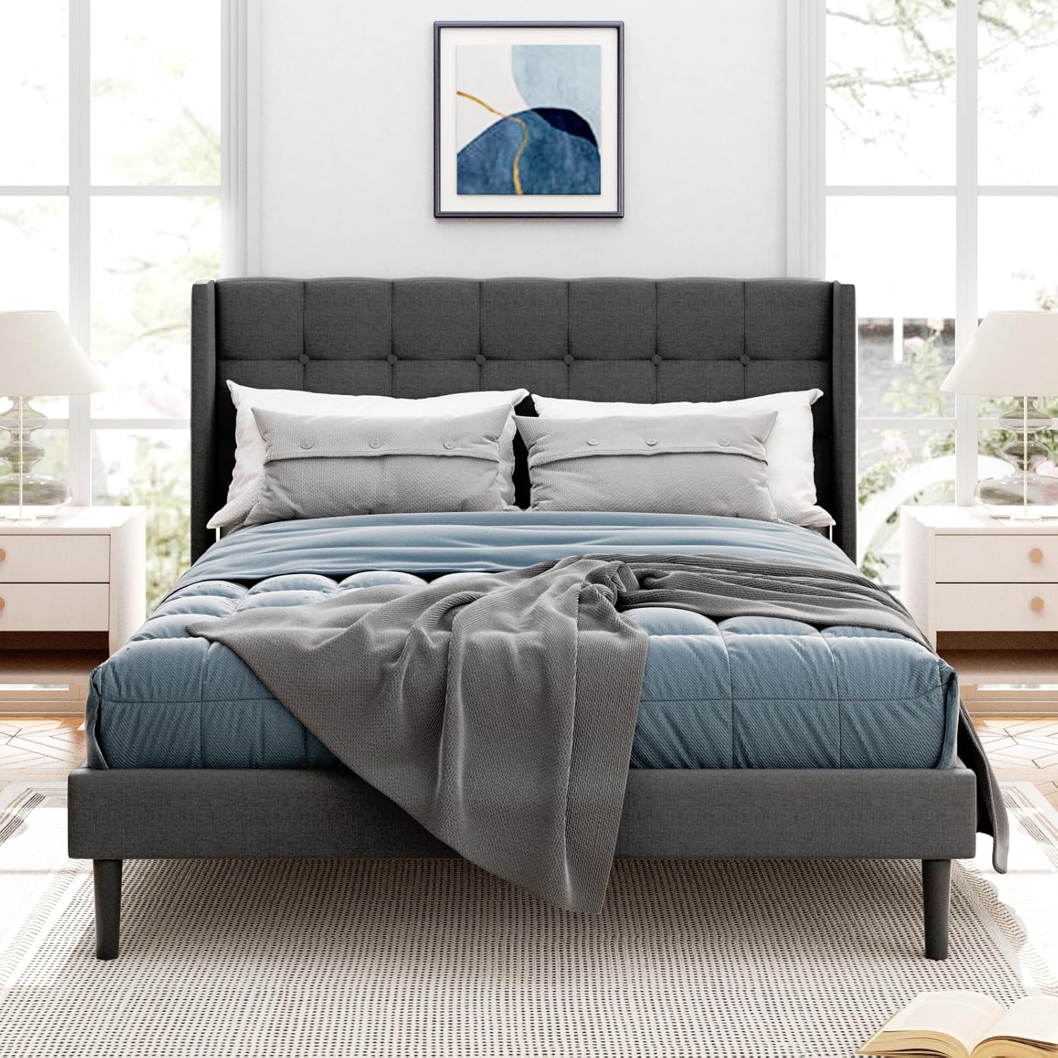 Large Bed Frame with headboard, Modern Soft-Padded Platform Bed Frame, Button Velvet Wing-Back Mattress Base, Noise-Free, Easy to Assemble, Modern Master Bedroom Suite or Apartment