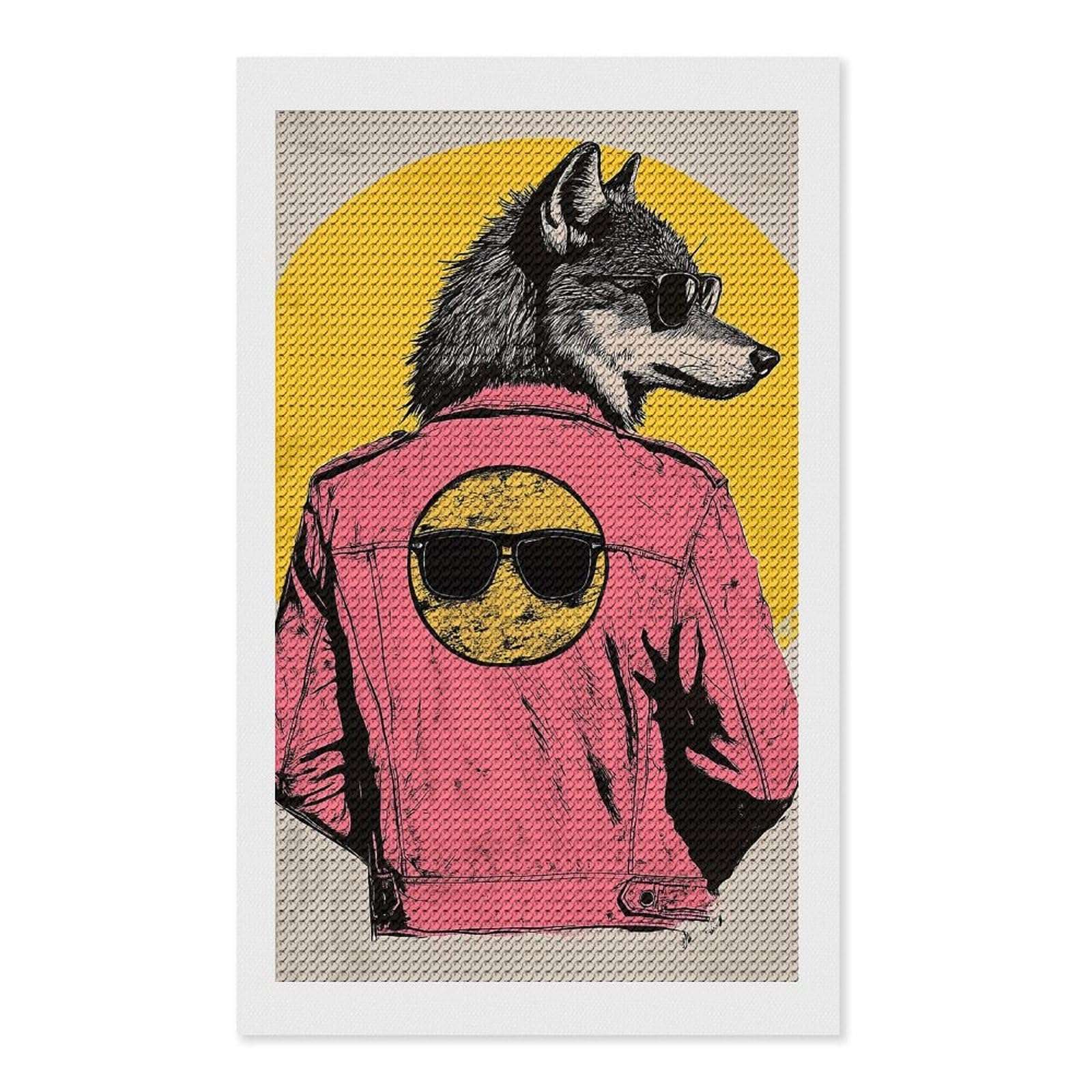 Junmoney Wolf in Sunglasses Diamond Art Canvas 12"x20", for Adults, Pleasing Wall Art Project, Modern Decor, Gift Idea, Nice Detail and Sparkle