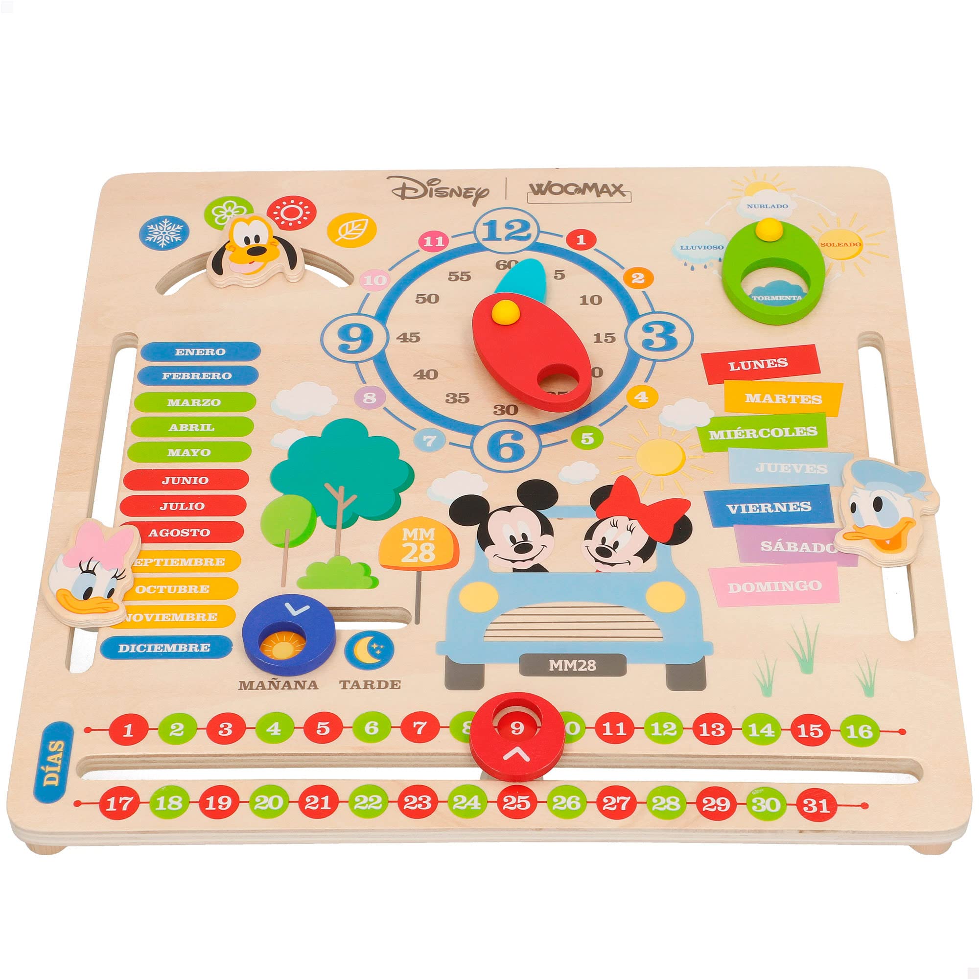 WOOMAX 48729 - Calendario de madera de Disney, Mickey y Minnie, Calendarios educativos, Aprender las horas y los días de la semana, Juego interactivo, A partir de 5 años, Juguetes y regalos para niños