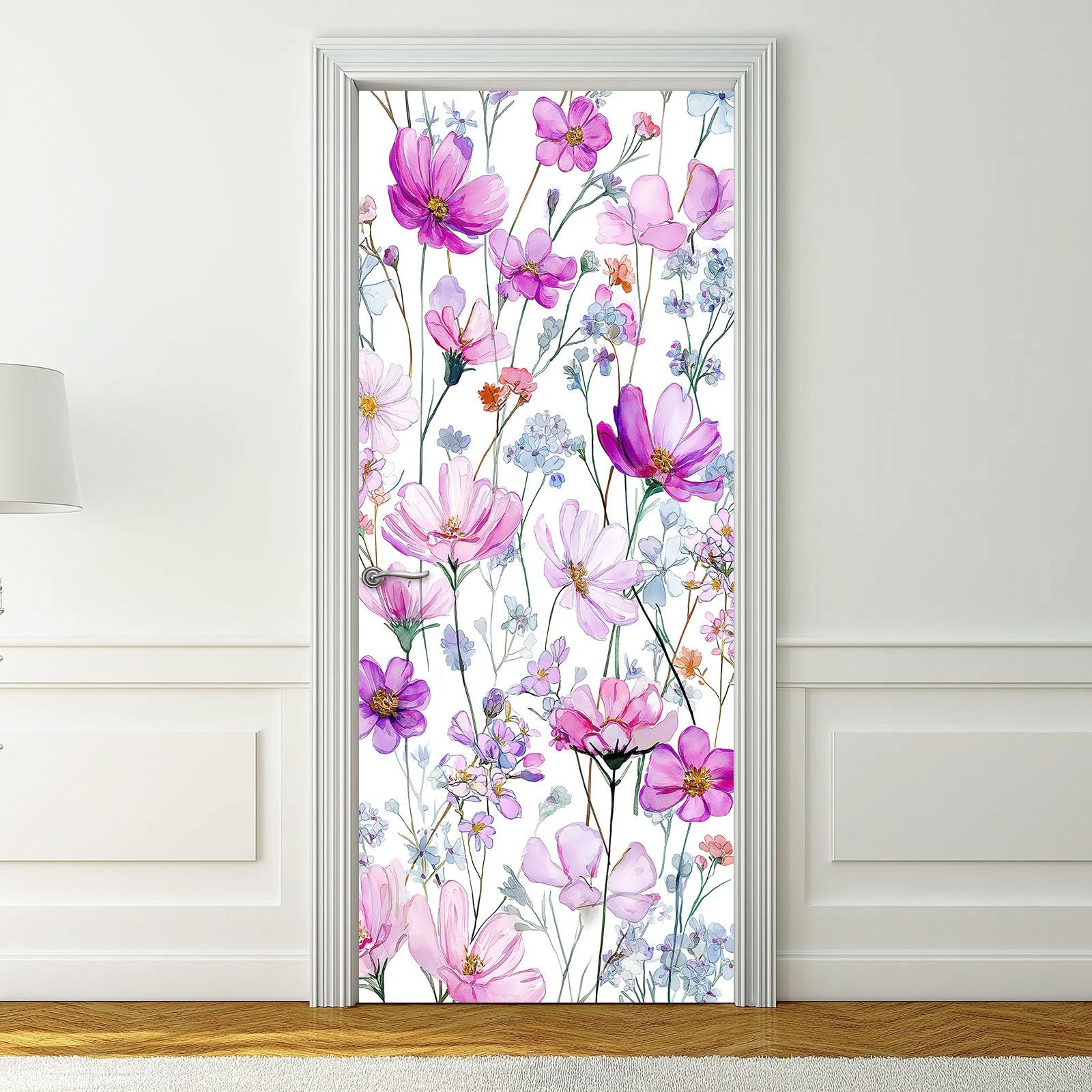 Naklejka na drzwi 3D, samoprzylepna, PCW, 90 x 200 cm, zdejmowana, fioletowa, wodoszczelna, do sypialni, kuchni, łazienki, biura, dekoracja drzwi - akwarela, kwiaty, motyw kwiatowy, naklejka na drzwi
