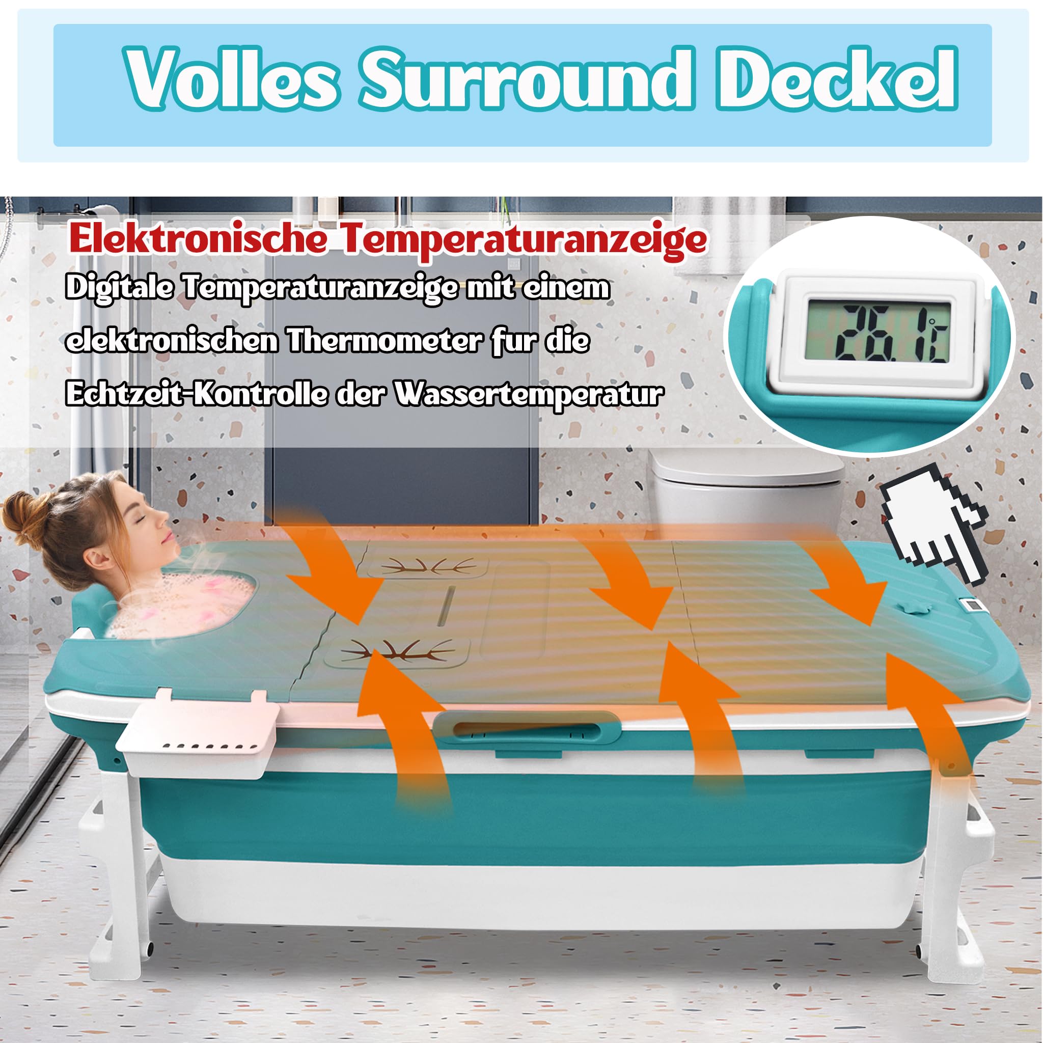 LZQ Vasca da bagno pieghevole per adulti con indicatore di temperatura, vasca da bagno pieghevole con coperchio, per bagno, doccia e balcone, 132 x 61 x 54 cm