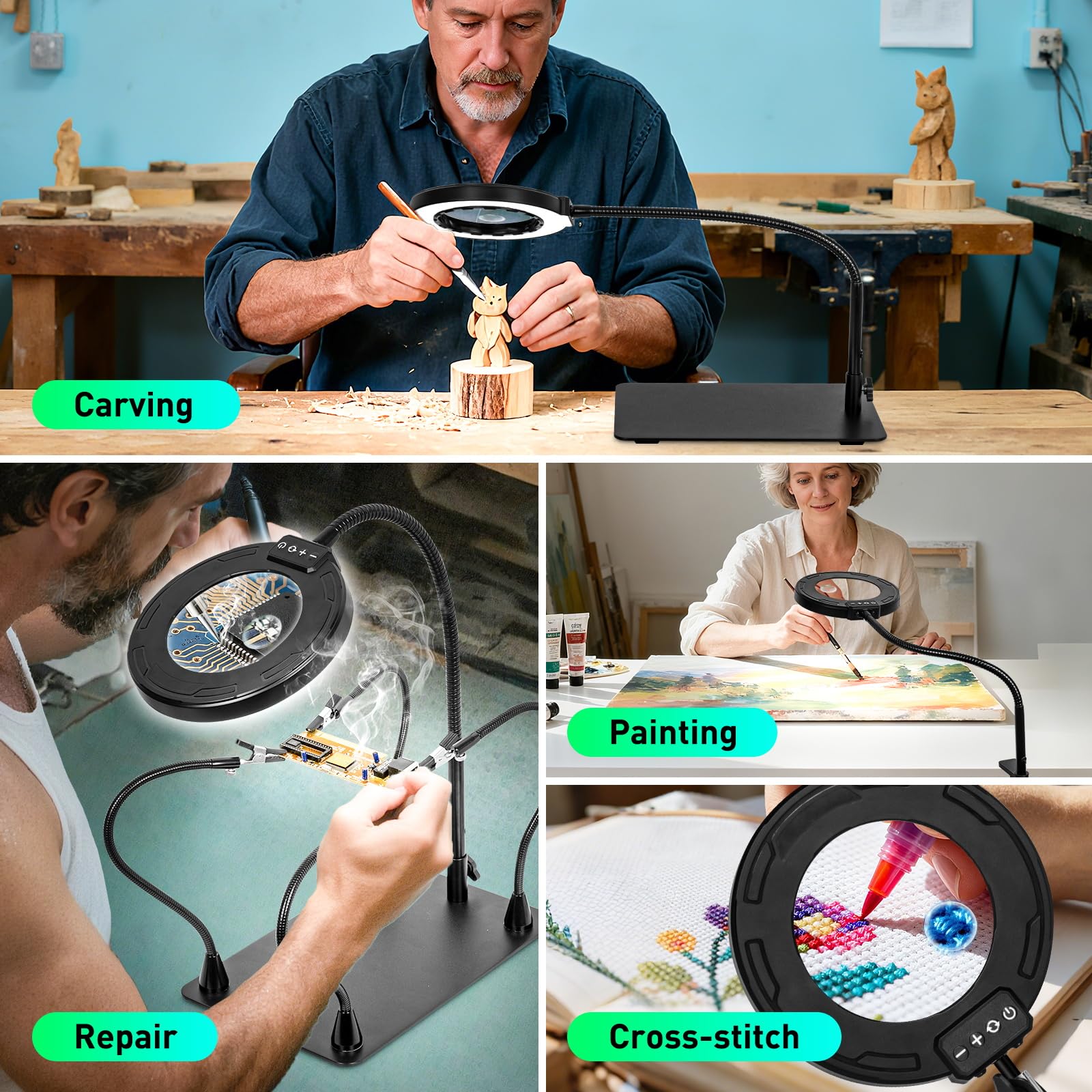 Estación de soldadura bifocal 30X/12X con luz para reparación electrónica, manualidades, pasatiempos, brazos magnéticos de PCB de 14.17 pulgadas, lámpara LED de atenuación continua de 5 colores