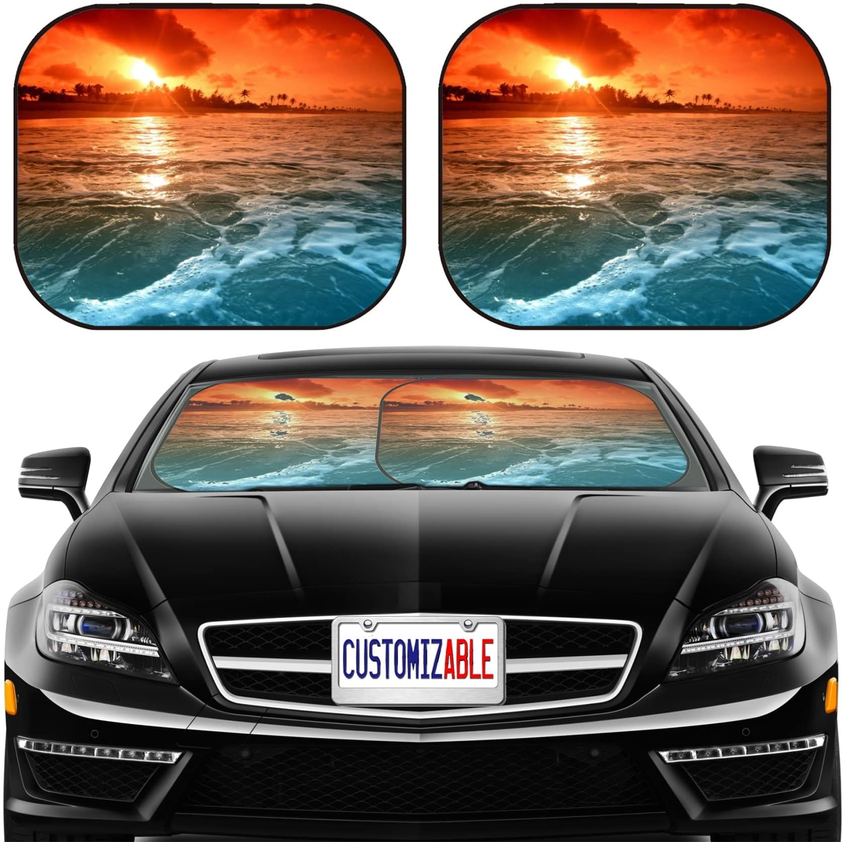 MSD Car Sun Shade Windshield Sunshade Universal Fit 2 Pack, Block Sun Glare, UV and Heat, Protect Car Interior, Image ID: 9258822 Landscape Ocean sunrice Golden Sky