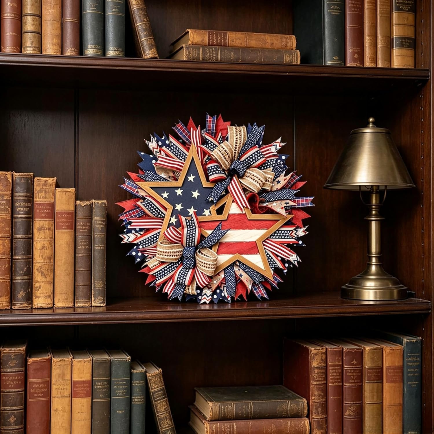 250th Anniversary Patriotic Star Wreath, 15.7'' Red White and Blue Wreath All-Weather Farmhouse Outdoor Holiday Decoration, Memorial Wreath for Front Door, 4th of July Garland for Home Wall Porch