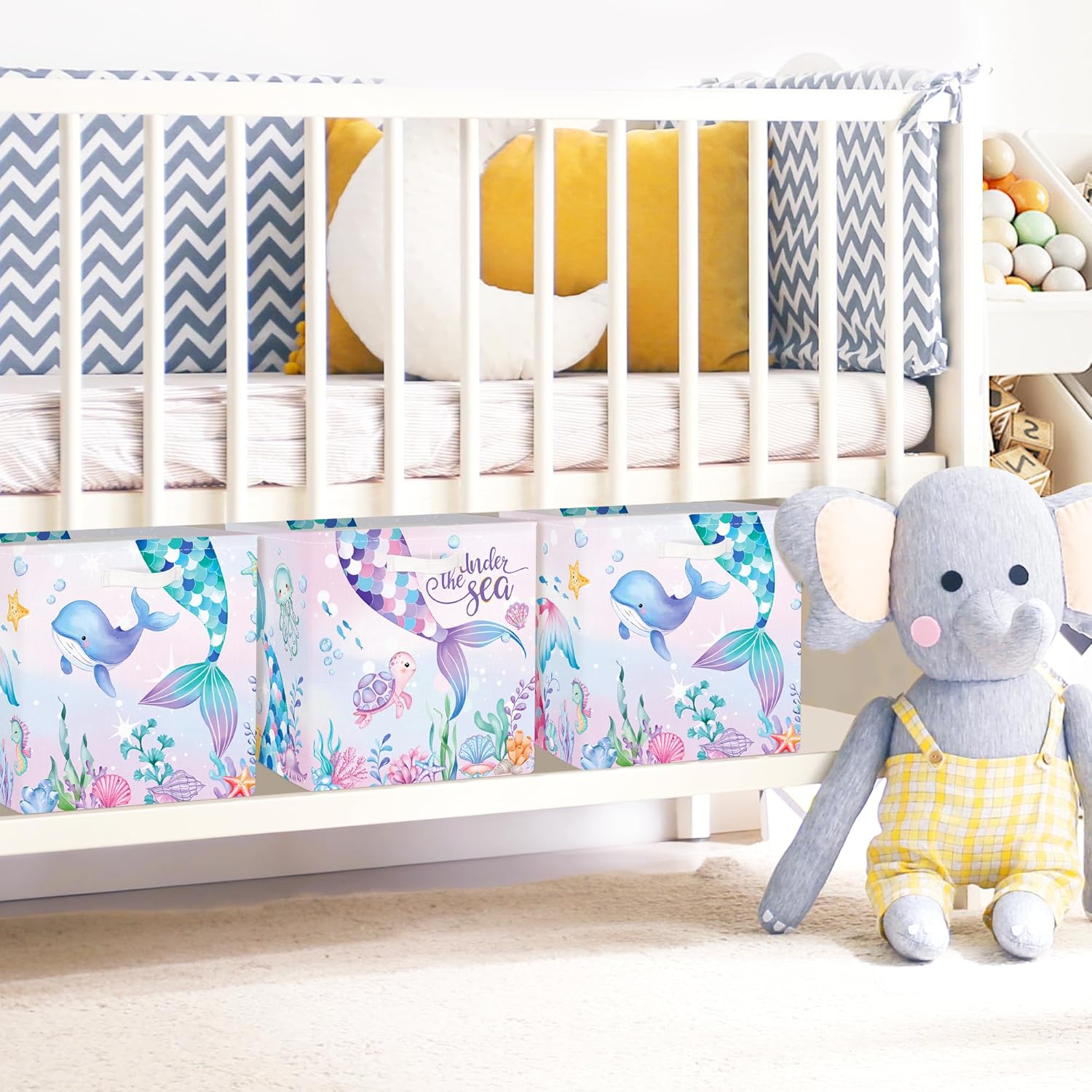 Clastyle Mermaid Tail Kid Storage Cube Organizer Set with Metal Frame Ocean Animal Turtle Closet Clothes Toy Storage Bin Nursery Toddler Girl Book Shelf Basket, Colorful Seaweed, 11.8x11.8x11.8 in