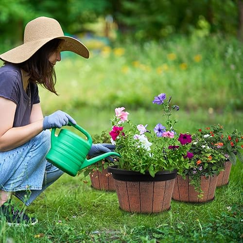Miniatura 6 de Quarut Paquete de 4 macetas de 10 pulgadas, macetas de barril de whisky mejoradas con agujeros de drenaje y platillo, macetas de decoración de