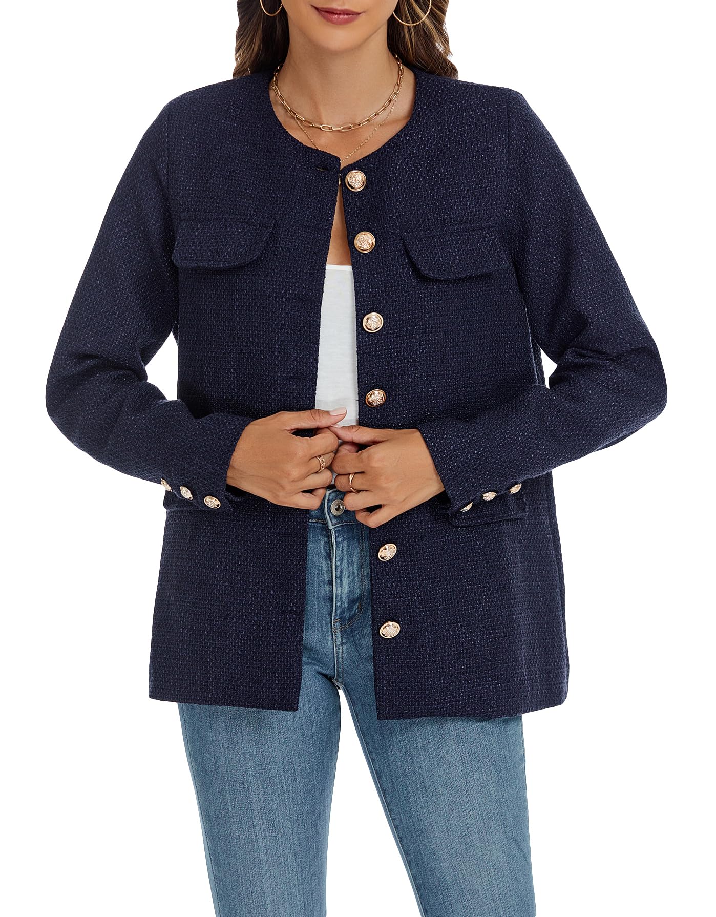 Womens Tweed Blazer Jackets Crewneck Button Down Business Jackets Casual Elegant Work Office Jacket Blue
