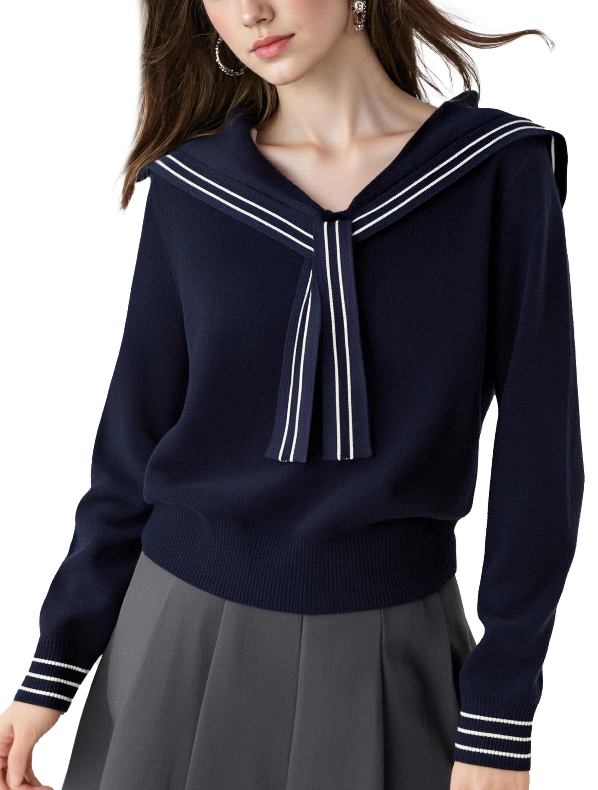 LAI MENG FIVE CATS Womens Sailor Collar Long Sleeve V-Neck Stripe Button Knit Top Shirt Blouse Sweater