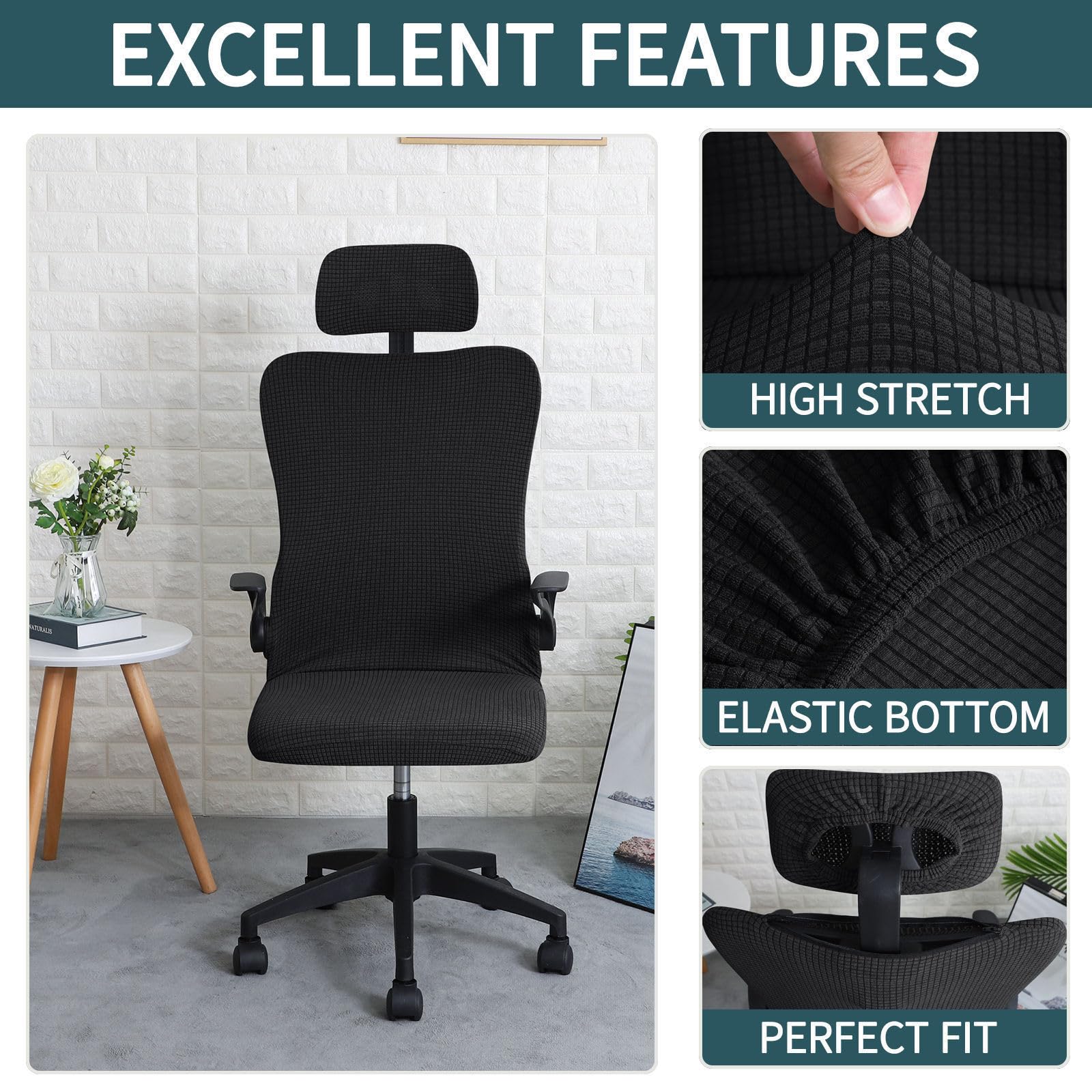 Funda Ergonómica para Silla de Oficina-Negro-2 Piezas | Cubierta Impermeable y Elástica con Funda de Reposacabezas para Silla Ejecutiva