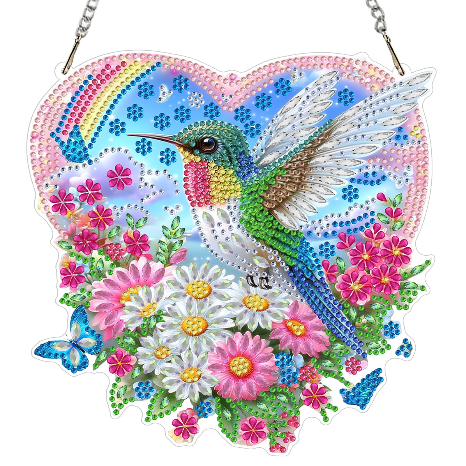 AIRDEA DIY Colorful Hummingbird Diamond Art Ornament Kit for Adults, Double-Sided Rainbow Daisies Diamond Painting Hanging Kit, DIY Acrylic Special Shaped Drills Hanging Suncatcher
