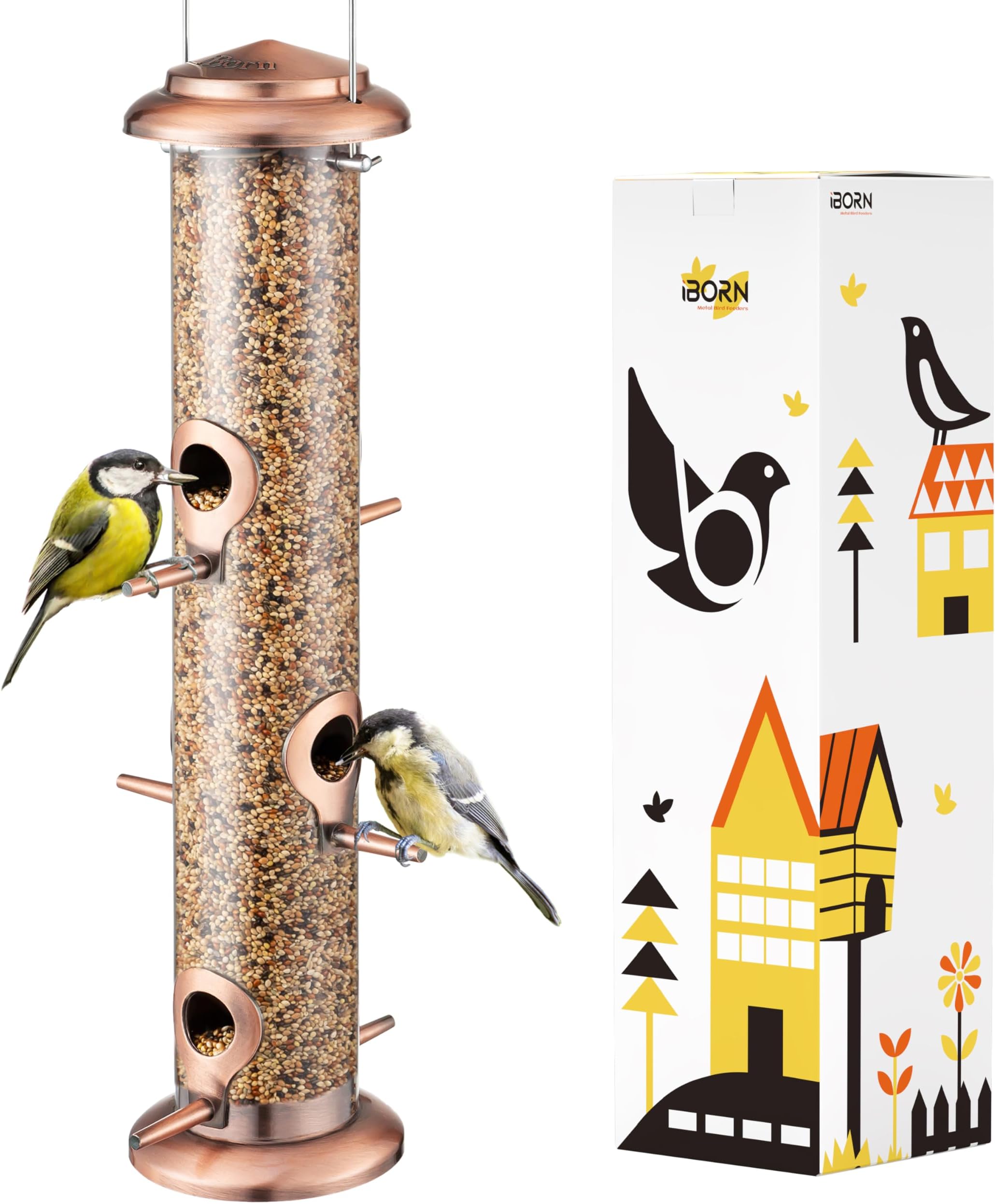 Metal Bird Feeders Brushed Copper Wild Bird Feeder for Outdoors Hanging All Metal Brushed Copper Finishing 15 Inch 6 Port(Seed is not Included)
