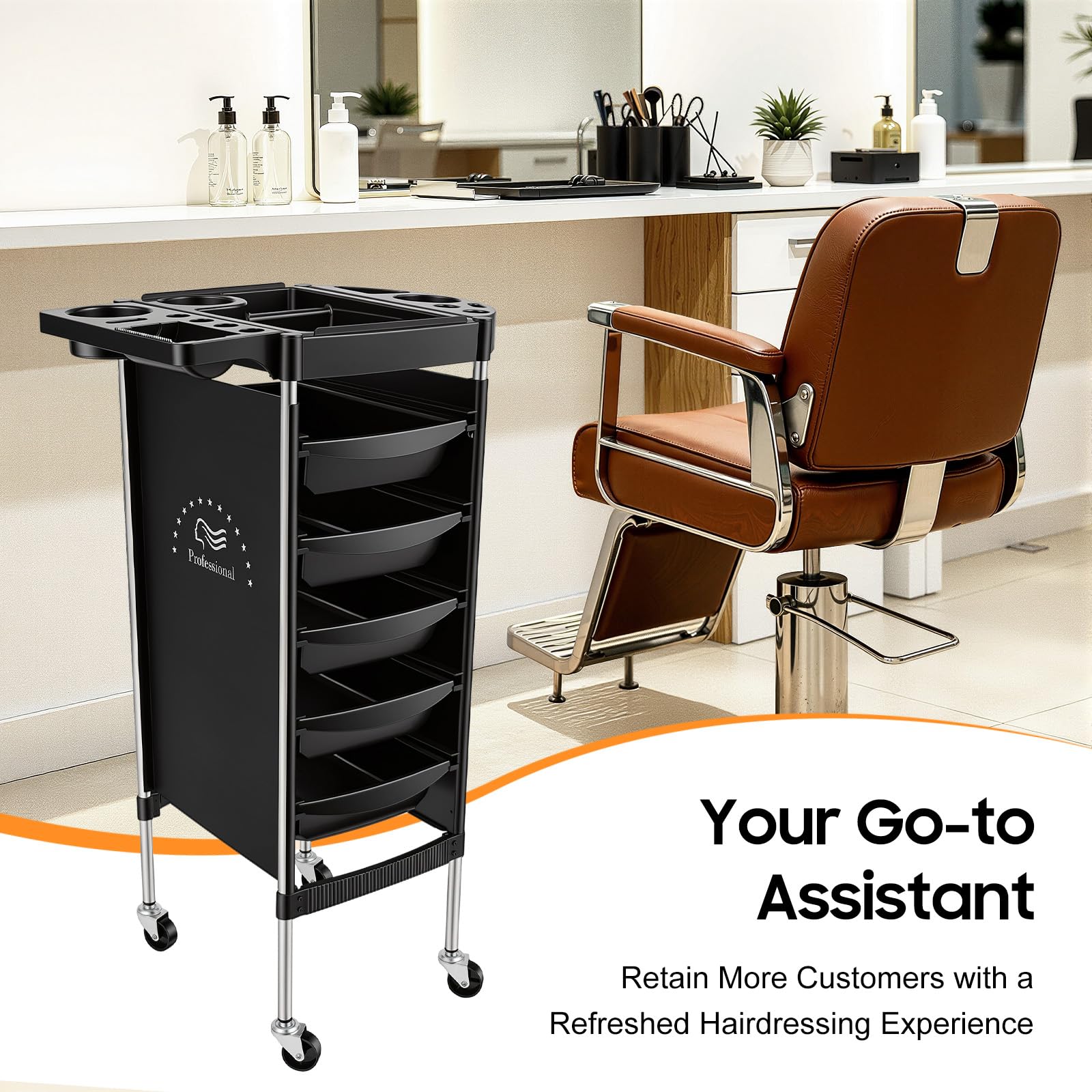 Carrito de peluquería de 6 pisos con 5 cajones, con ruedas, carrito de peluquería con ruedas, carrito de peluquería, carrito de peluquería, carrito de trabajo (negro)