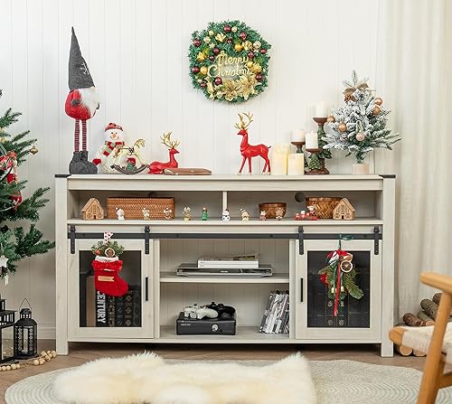 WAMPAT Soporte de TV para TV de más de 65 pulgadas, centro de entretenimiento Highboy de 32 pulgadas de alto con puertas corredizas de malla,